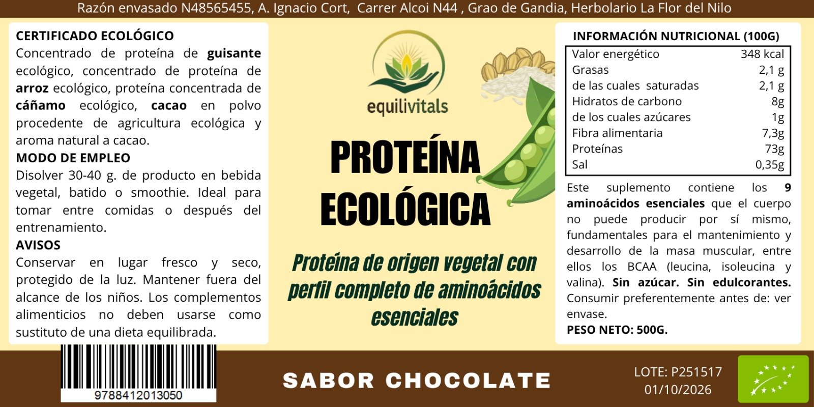proteína de guisante, arroz y cáñamo ecológica